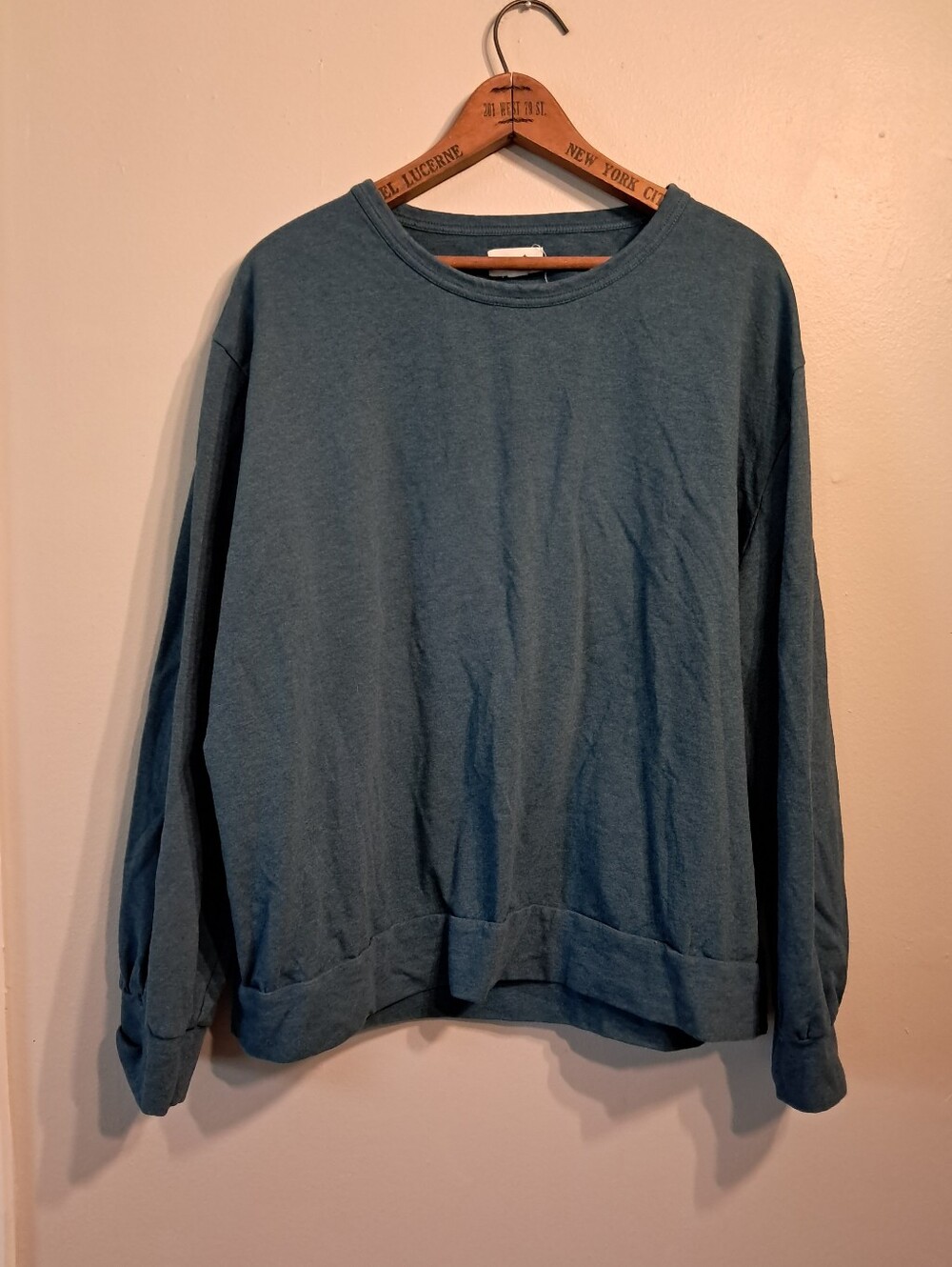 Pact Relaxed Crewneck Peek A Boo Crew Sweater in Teal Blue Cutout Back